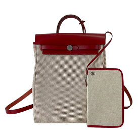 【HERMES】エルメス エールバッグ ジップ アドPM Z刻印(2021年製) トワルGM/トワルアッシュ/レザー レッド系 リュック ポーチ付き【送料無料】【中古】