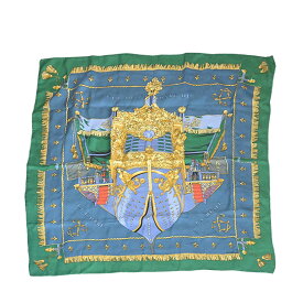 【HERMES】エルメス カレ90 VUE DU CARROSSE DE LA CALERE LA REALE グリーン/ブルー系 シルク 大判スカーフ 【送料無料】【中古】