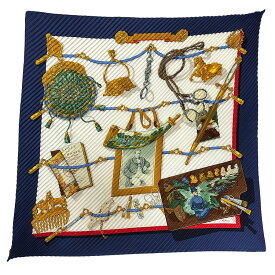 【HERMES】エルメス Memoire d Hermes エルメスの思い出 ECOLE DE CHASSE ホワイト/ブルー/レッド/マルチカラー シルク100% プリーツ スカーフ【送料無料】【中古】