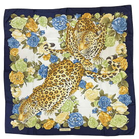 【Salvatore Ferragamo】サルヴァトーレ フェラガモ ヒョウ/花 大判スカーフ 豹 ネイビー/マルチカラー シルク100% スカーフ【送料無料】【中古】