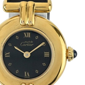 【Cartier】カルティエ ヴェルメイユ マストコリゼ ブラック文字盤 シルバー925（GP)/レザーストラップ ゴールド クオーツ レディース腕時計【送料無料】【中古】