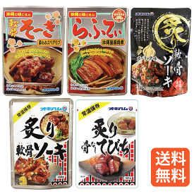 ラフテー 軟骨ソーキ てびち レトルト5点セット 三枚肉 豚肉 長期保存 オキハム 沖縄伝統料理 沖縄豚肉料理 常備 長期保存可能 沖縄 人気 定番 沖縄の定番 通販 簡単沖縄料理 沖縄県産 お中元 ギフト