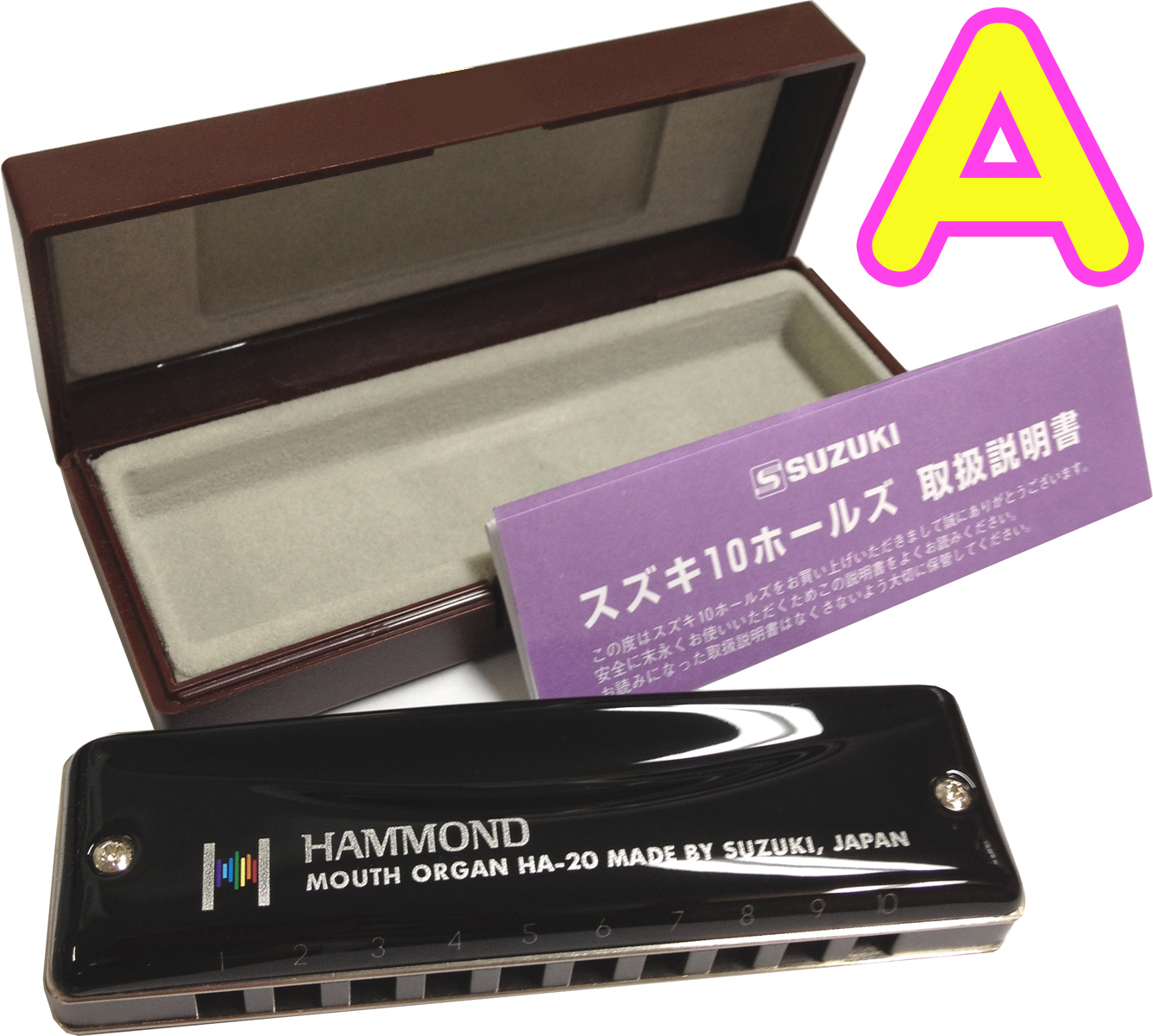 SUZUKI スズキ A調 HAMMOND HA-20 ブルースハーモニカ 10穴 ハーモニカ 日本製 テンホールズ ブルースハープ型 ハモンド 黒色 メジャー マウスオルガン