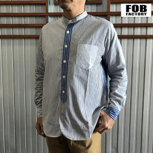 FOB FACTORY �@�G�t�I�[�r�[�t�@�N�g���[�ySALE�zF3476 CRAZY STRIPE BANDCOLLAR SHIRTS �N���C�W�[�X�g���C�v�o���h�J���[�V���c�@Blue Multi