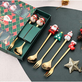 【送料無料】クリスマス食器ギフト ボックスあり テンレススチール デザート用 コーヒー用 マドラー スプーン フォーク セット　クリスマスプレゼント　クリスマスギフト　贈り物