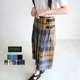 O'NEIL OF DUBLIN オニールオブダブリン アイリッシュリネンローウエストプリーツラップスカート LOW WAIST PLEATS WRAP SKIRT WITH PIN レディース ロングスカート 巻きスカート 麻 タータンチェック フレアスカート