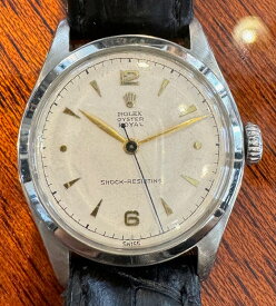 ★New Arrival★【USED】ロレックス - ROLEX オイスター ロイヤル ショックレジスティング スーパーオイスター 6144 アラビア 楔 クサビ 白 ホワイト アイボリー リーフ ハンド 希少 50年代製　美品　SS / 革 手巻　メンズ ボーイズ レディース 腕時計 アンティーク 【中古】
