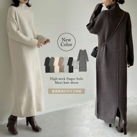 【全品2BUY15%OFFクーポン】[低身長サイズ有]前後2WAYハイネック指穴マキシニットワンピース レディース 秋 冬 / ワンピース 秋冬 きれいめ ハイネック ニットワンピ 低身長 タートルネック Iライン ロング マキシ丈 冬 マタニティ 指穴 ゆったり