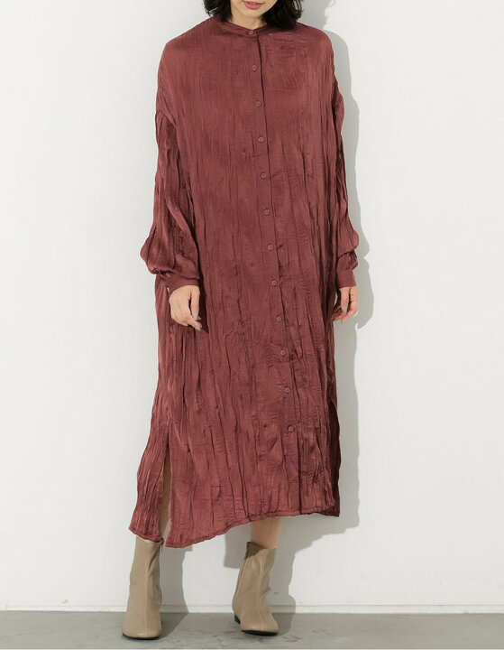楽天市場 ニュアンスたっぷりのシワ加工で表情豊かに仕上げたシャツワンピsc M Mtサイズ 低身長 高身長サイズ有 ワッシャー加工サテンバンドカラーシャツワンピース レディース 春 夏 ワンピース 無地 長袖 Re Edit リエディ