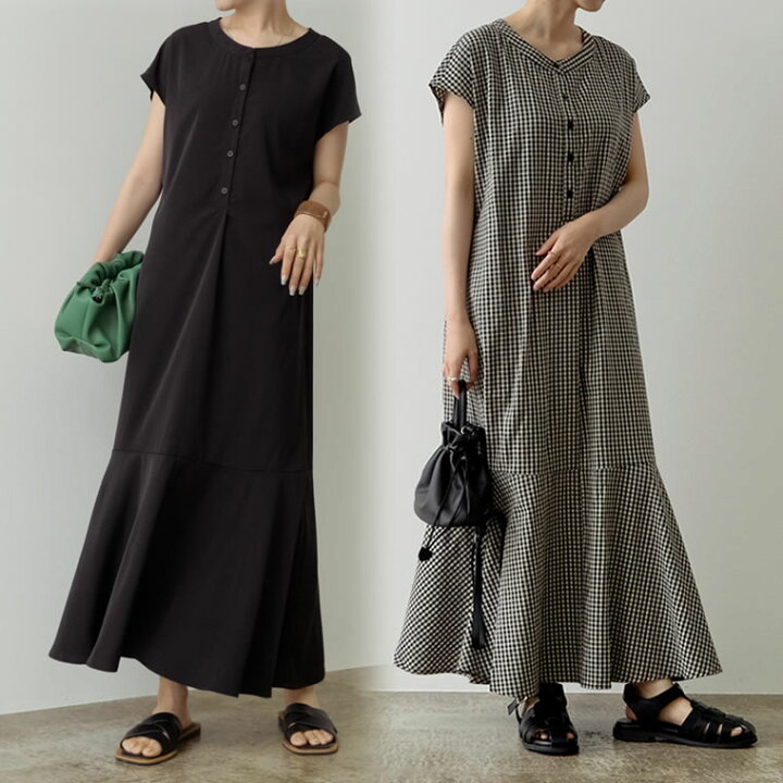 楽天市場 Sc M Lサイズ 低身長サイズ有 フレンチスリーブマーメイドワンピース レディース 春 夏 ワンピース ロング丈 フレンチスリーブ 無地 ギンガムチェック柄 バンドカラー Re Edit リエディ