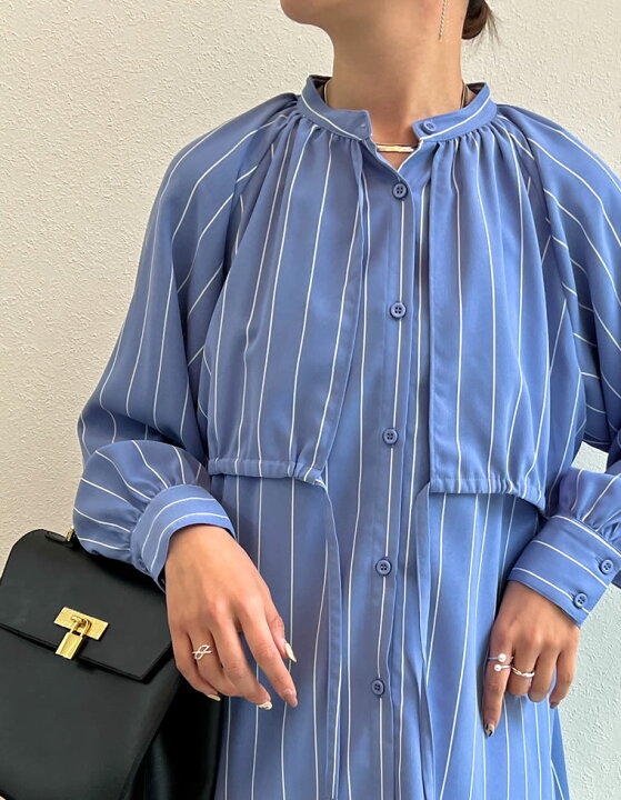 M/Lサイズ ピンストライプケープ風マオカラーブラウス レディース 春 夏 トップス シャツ ブラウス カラーシャツ チュニック セーラーカラー セットアップ Re:EDIT(リエディ) ザラ(USA S)シャツ 長袖 薄手 チュニック