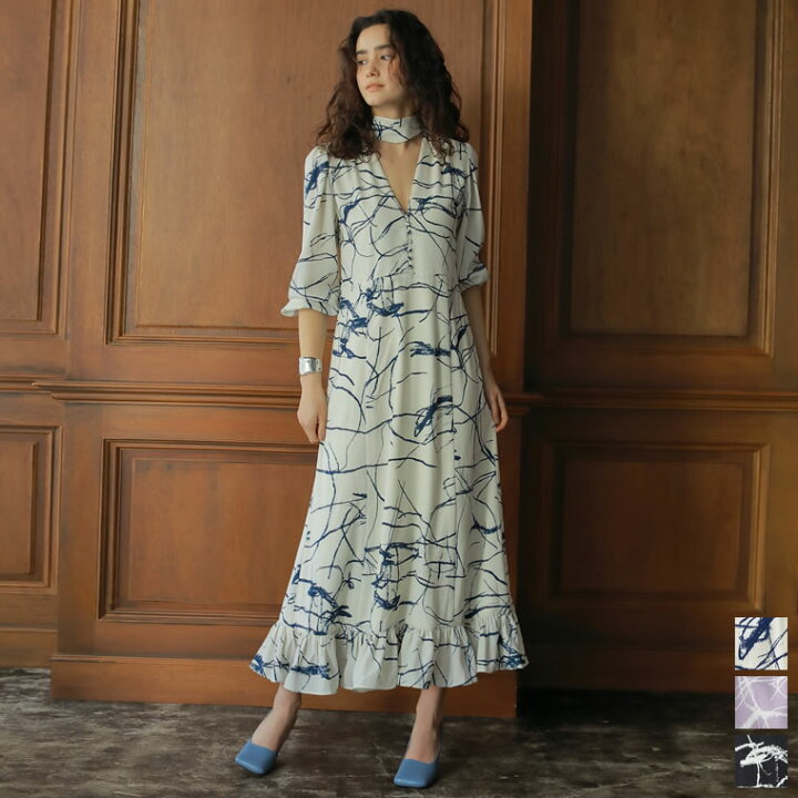 楽天市場 Sc M Lサイズ 22s S Collection 低身長サイズ有 2wayアート柄vネックタイ付きワンピース レディース 春 夏 ワンピース Vネック アート柄 総柄 裾フリル Re Edit リエディ