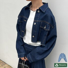 【SPRING FAIR】M/Lサイズ リサイクルコットンダメージショートデニムジャケット レディース 春 夏 / ジャケット デニムジャケット デニム ジーンズ サスティナブル ダメージジーンズ ダメージデニム [リサイクルデニム]