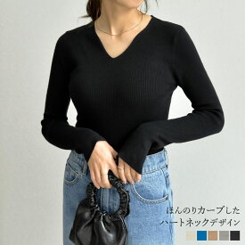 M/Lサイズ [洗える]Vネックベーシックリブニットトップス レディース 秋 冬 / トップス ニット セーター リブニット ニットトップス ハートネック Vネック コンパクトトップス オフィスカジュアル 通勤 洗濯機で洗える