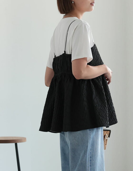 MAMU マム キャミチュニック ジャガード キャミソール ペプラム トップス黒 