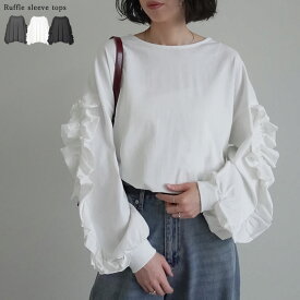 【全品MAX20%OFFクーポンで2,799円】袖フリル長袖カットソー 長袖 コットン レディース トップス ロンT ボーダーTシャツ 秋 冬 トップス カットソー フリルトップス プルオーバー オーバーサイズ 長袖 オフィスカジュアル オフィス 通勤 [mb]