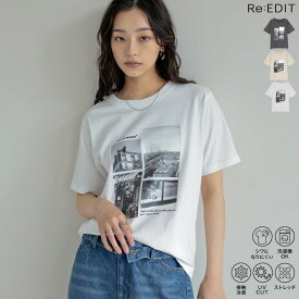 【限定！15%OFFクーポンで2,549円】[UVカット][接触冷感]シーンナリーフォトプリントTシャツ レディース 春夏 リエディ/ トップス Tシャツ カットソー ロゴT プリントT 半袖 クルーネック フォトT モノトーン UVカット [mb]