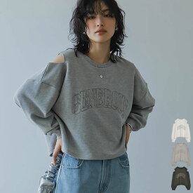 M/Lサイズ 裏毛刺繍ロゴ肩スリットあきショート丈トップス レディース 春 夏 / トップス スウェット トレーナー トップス プルオーバー 裏毛 長袖 ロゴスウェット ロゴ