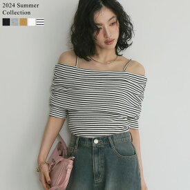 【先行予約会！20%OFFクーポン×19日12:00～】M/Lサイズ [2024 SUMMER PRE ORDER][森カンナさん着用]2WAYリブカットソー五分袖オフショルトップス レディース 春 夏 / トップス Tシャツ カットソー オフショル 半袖 五分袖 [先行予約受注]