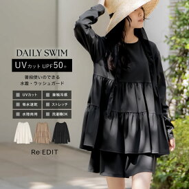 ラッシュガードバックリボンティアードフレアトップス[返品交換不可] レディース 春 夏 リエディ 水着 ラッシュガード 長袖 スイムウェア UVカット イージーケア トップス チュニック リボン フレア 春夏