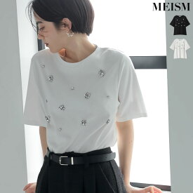 M Lサイズ [MEISM by Re:EDIT][UVカット][接触冷感][吸水][速乾]スムースコットンビジューデザインTシャツ レディース トップス Tシャツ カットソー ビジュー クルーネック 半袖 スムースコットン UVカット 吸水 速乾