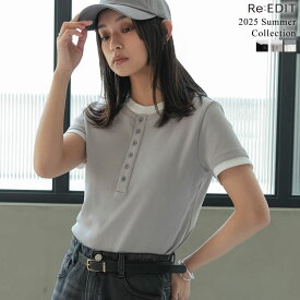 【限定！20%OFFクーポン×FAIRで2999円】M/Lサイズ 配色ヘンリーネックレイヤード風半袖トップス レディース 春 夏 リエディ / トップス Tシャツ カットソー ヘンリーネック レイヤード風 重ね着風 リブ 半袖 プルオーバー レイヤード 配色 フロントボタン [mb]