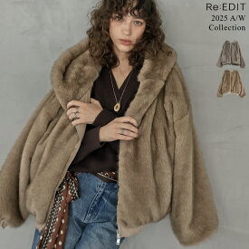 フォーファーフーディーブルゾン レディース 冬 ジャケット アウター ブルゾン ファーコート ブルゾン ファー フーディ フェイクファー ミドル丈 リブ切り替え 体型カバー ショートコート 暖かい 冬