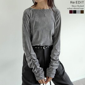 【全品MAX20%OFFクーポン】シアーフロッキーベロア袖シャーリング長袖トップス レディース 秋 冬 リエディ トップス カットソー シアー ベロア フロッキーベロア 袖ギャザー シャーリング 長袖 レイヤード ボートネック くしゅくしゅ [mb]