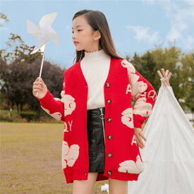 子供セーター カーディガン 子供服 女の子 キッズ 通学 学生 レッド ブラック キッズニットセーター 長袖 ニットカーディガン スプライシング 親子 ガールズ シンプル 暖かい トップス 春 秋 冬 ジュニア 編み柄 こどもの日