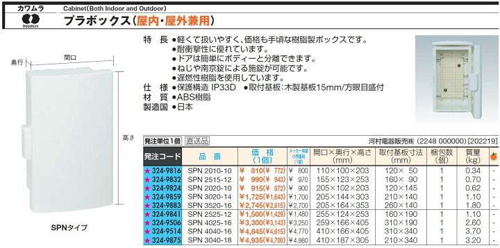 数量限定!特売 河村電器 プラボックス ABS樹脂製 ドア付 SPN 2010-10 cadikids.com.mx