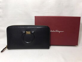 【中古】Salvatore Ferragamo ガンチーニ レザー ラウンドファスナー 長財布 ブラック×レッド サルヴァトーレフェラガモ