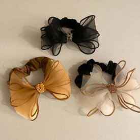 シュシュ リボン シフォン ヘアゴム 大人かわいい ヘアアクセサリー オーガンジー シアー 上品 キラキラ 韓国