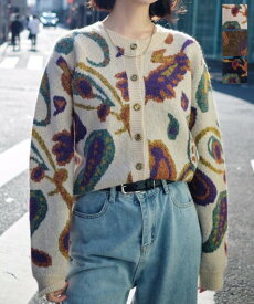 長袖 ニットカーディガン モヘアタッチペイズリー柄 レディース 秋冬 羽織り ヴィンテージ感 大人 カジュアル おしゃれ