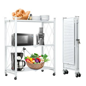 折り畳みラック 3段 幅71×奥行き34×高さ87cm スチールラック 収納ラック 折り畳み棚 オープンシェルフ キャスター付き 移動式ラック 防サビ金属収納ラック 頑丈なメタルラック 折りたたみ式