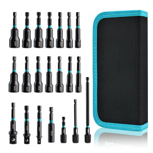 マグネット付きソケットセット 21本組 電動ドリルドライバー用ソケット 1/4"六角軸 インパクトソケット ソケットアダプター ビットホルダー エクステンションバー ケース付き