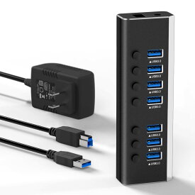 USBハブ 3.0 アルミ製 7ポート USB3.0 Hub 24W電源付き バスパワーとセルフパワー両用 独立スイッチ 5Gbps高速転送、12V/2A ACアダプター