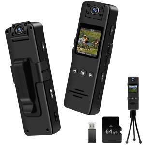 【64G SDカード付属】アクションカメラ小型 ウェアラブルカメラ小型 小型ビデオカメラ 1.3インチモニター 1080P画質 7時間録画 動体検知 暗視機能 9時間録音 180度回転レンズ 512GB対応 クリップ