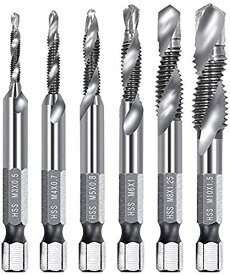 ドリルタップ 6本セット ねじ切りタップ ドリルビット 六角軸 面取りタップ 穴あけ ねじ切り タップ スパイラル HSS 6542高速度鋼タップドリルセット