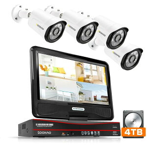 【500万画素・4TB大容量】防犯カメラ poe給電 屋外 有線 監視カメラ 4台セット 10インチモニター付き 最新のH.265圧縮 AI人体検出 赤外線暗視 8台まで増設可