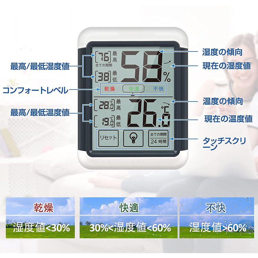 大画面タッチスクリーンデジタル温度計 湿温度計