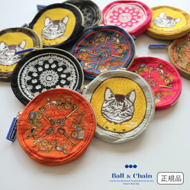 正規品 ボールアンドチェーン 【ラウンドポーチ】 Ball&chain ボール＆チェーン 刺繍ポーチ 円形ポーチ 丸いポーチ エコバッグ DCAT バンダナ キーアンドキャリッジ コスメポーチ アクセサリーポーチ ネコ柄ポーチ 馬柄刺繍 刺繍バッグ ファスナー付きポーチ 新作