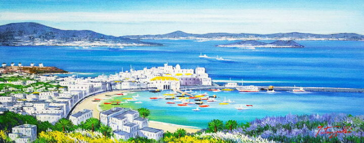 楽天市場】中島達幸 「 青い海のエーゲ海 ミコノス島ギリシャ 」 油絵 