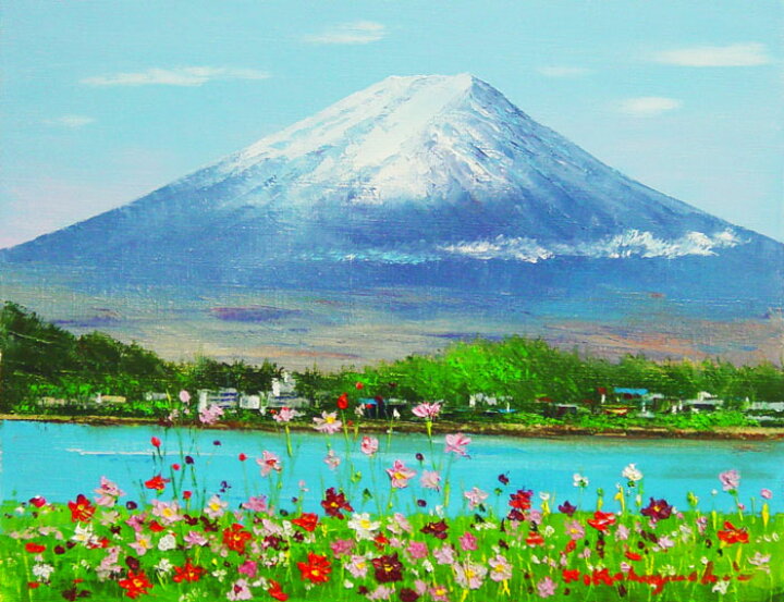 楽天市場】小林幸三 「 富士とコスモス 」 油絵 油彩画 F6 ( 6号  