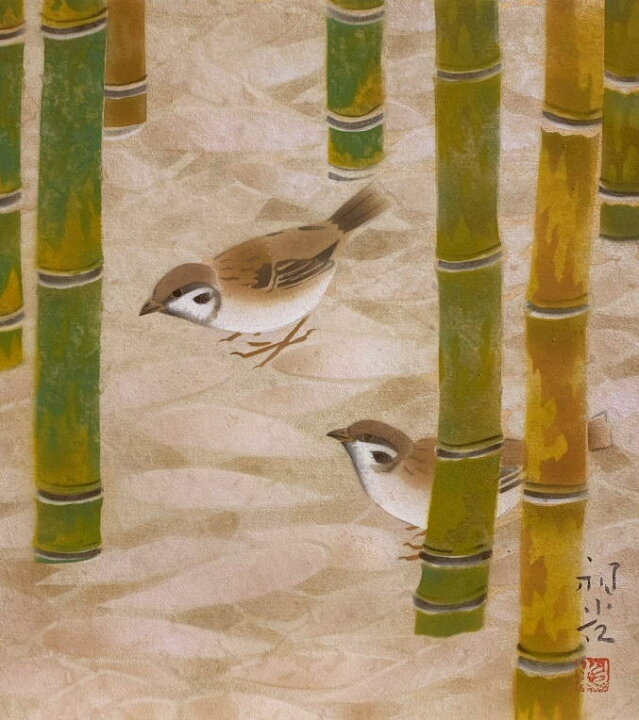 楽天市場】笠井和光『竹に雀』日本画 色紙絵(額縁付き)【中古】 : 内田画廊