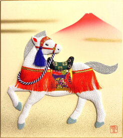 和紙 押し絵 干支 色紙 ： 午 「 白馬に赤富士 」