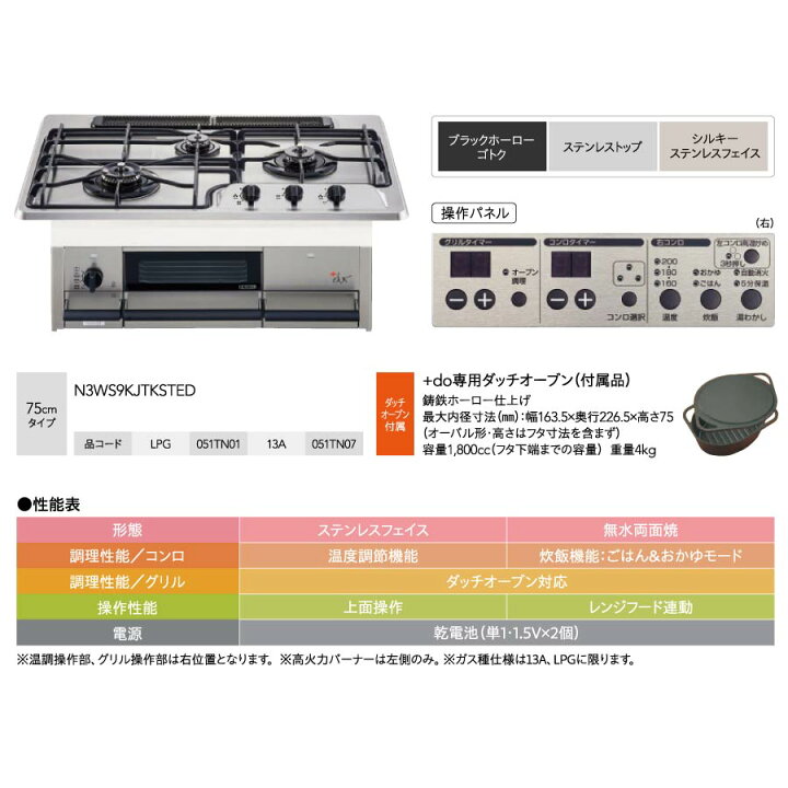 楽天市場】ノーリツ ビルトインコンロ N3WS9KJTKSTED 75cm幅 ＋do 