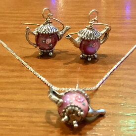 ピアス ペンダント セット ティーポットジュエリー Tiny pink Teapots small Flower 送料無料