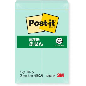 スリーエム ポストイット 再生紙ふせん グリーン 500RP-GN 75×25mm 100枚×2パッド 通常粘着 - メール便対象