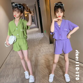 韓国子供服 セットアップ トップス 半ズボン シフォン シャツ 夏 Vネックス 半袖 ゆったり カジュアル リゾート 女の子 上下セット キッズ こども 可愛い きれいめ //卒園式/入学式/パーティ グリーン パープル 110-170cm