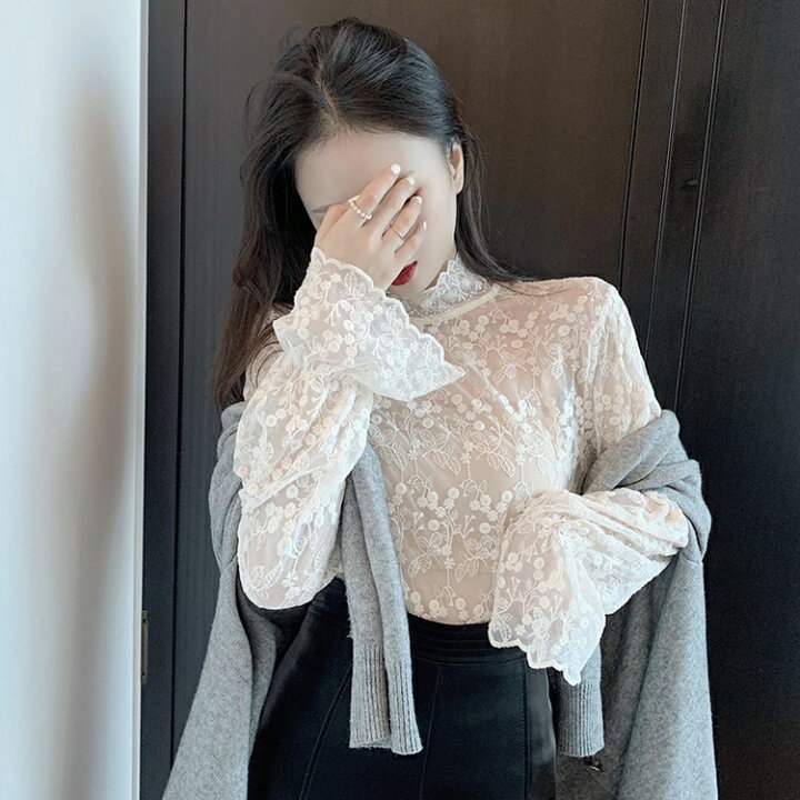 楽天市場 ブラウス レディース きれいめ 春秋 40代 レース 透ける インナー 長袖 フレア袖 韓国風 ゆったり カジュアル 立ち襟 おしゃれ 通勤 2色 Gbb2号店